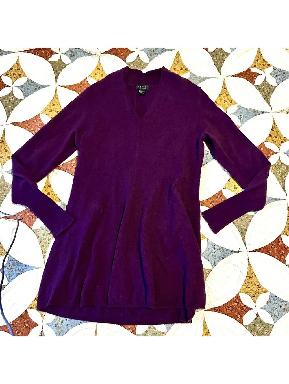 FORTE purple maroon cashmere v-neck mini sweater dress size M luxury spring - Picture 2 of 5